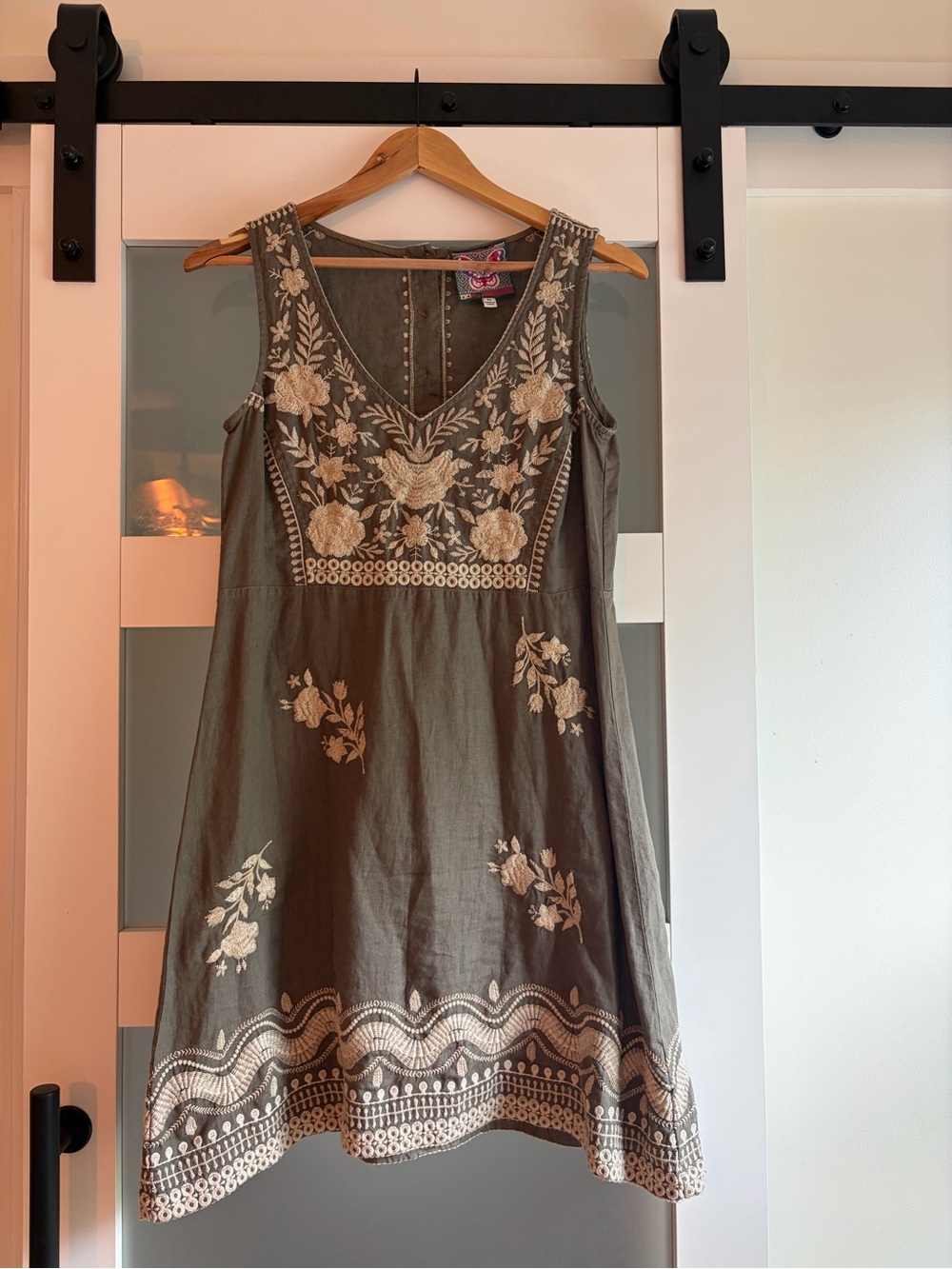 Johnny Was Olive Green Embroidered Sleeveless Mini Dress